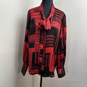 Investments Satin Blouse Women's‎ Large Red & Black Geo Holiday Bow Tie Neck